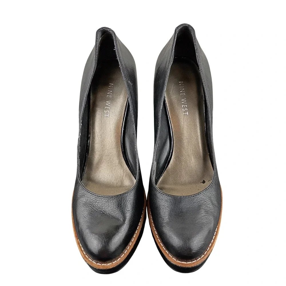 Nine West Womens Black Leather Platform Pumps Round Toe Block Heel Size 7.5M